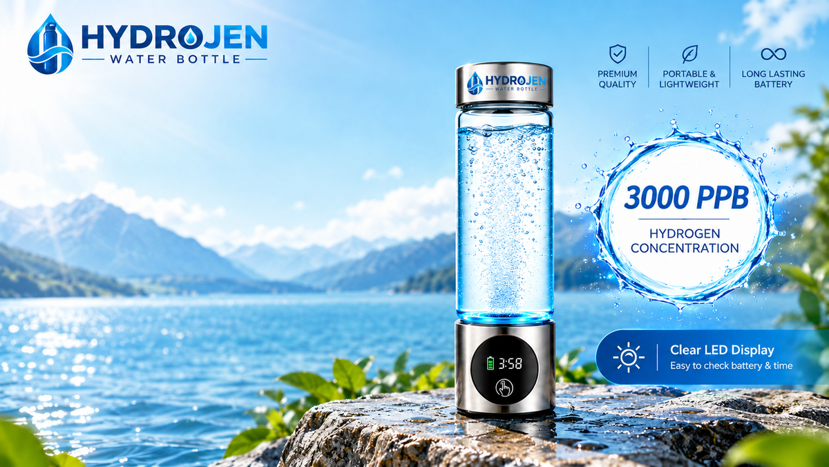 Hydrojen Water Bottle standing on a rock by a lake with mountains in the background. The bottle has a clear body showing hydrogen bubbles, a silver and black base with a digital battery display, and a silver cap.