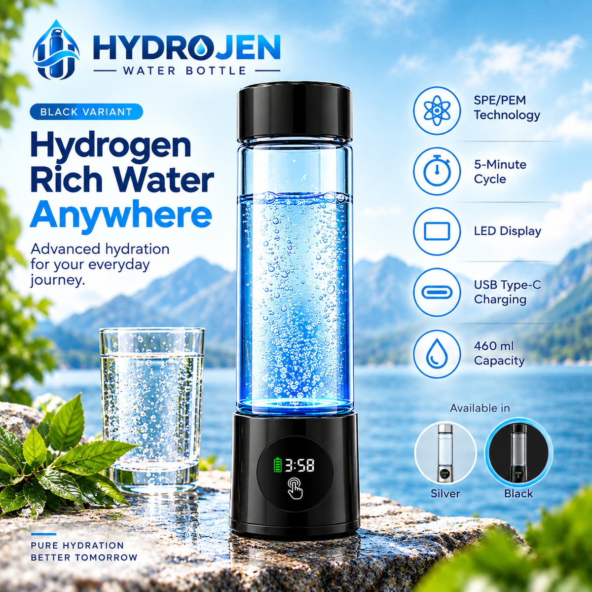 Hydrogen Water Bottle in black, shown with a glass of bubbly water on a rocky lakeside background. The bottle has a black base with a digital display showing 3:58 and a blue water-filled chamber.