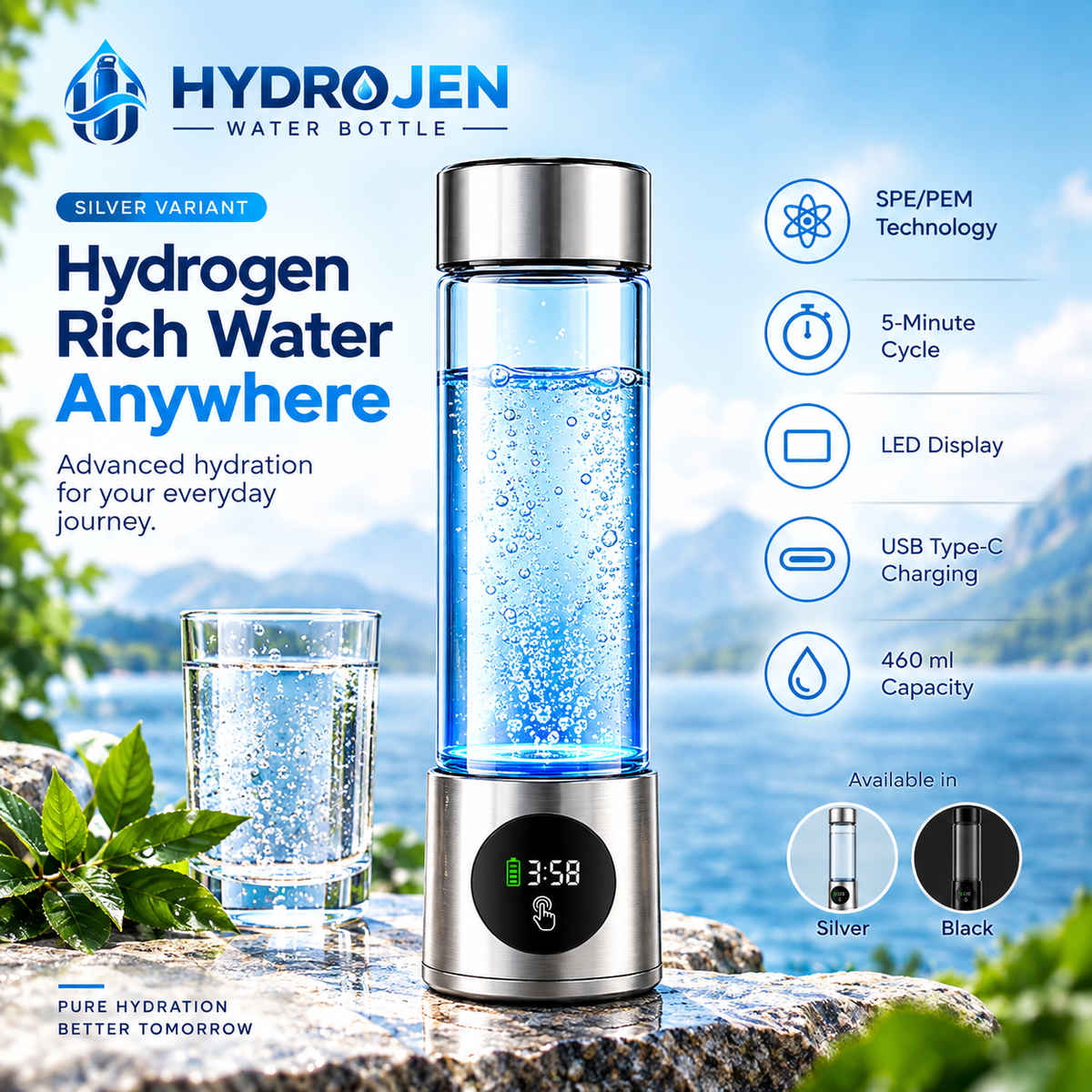 Hydrogen Water Bottle in silver variant, shown with a glass of water and mint leaves on a rock with a scenic lake background. The bottle has a stainless steel base with a digital display, a clear bottle body with blue water, and a silver cap.
