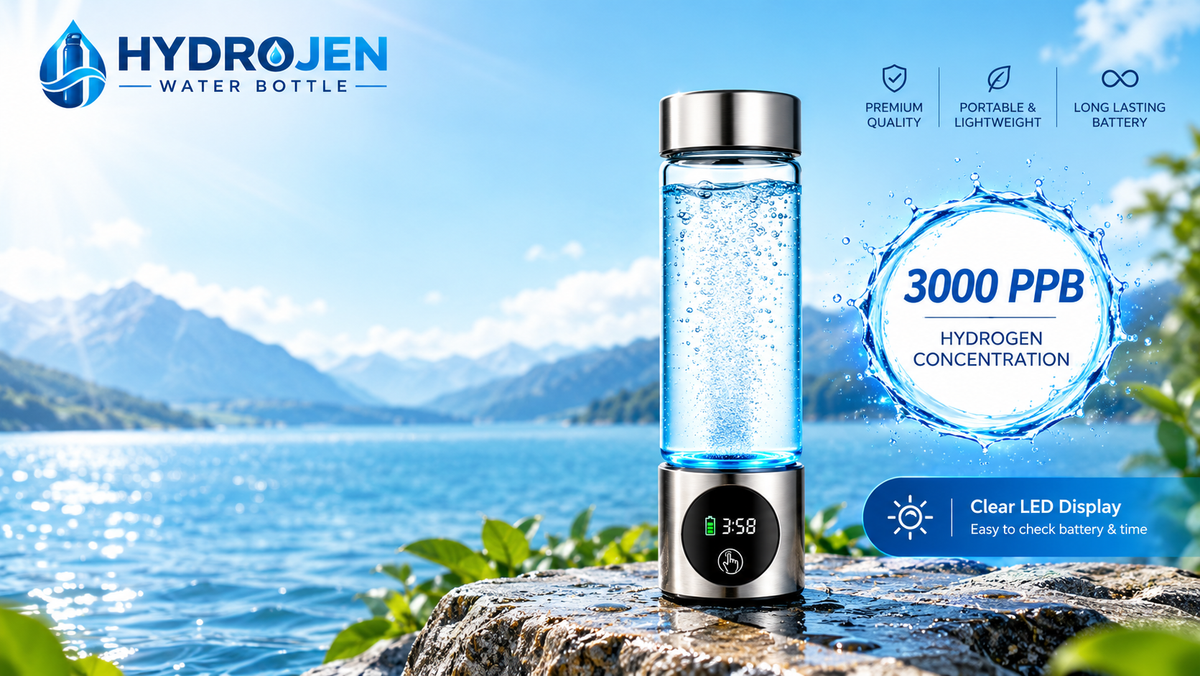 Hydrogen Water Bottle standing on a rock by a lake with mountains in the background. The bottle is clear with blue liquid inside, a silver cap, and a black base with a digital battery display.