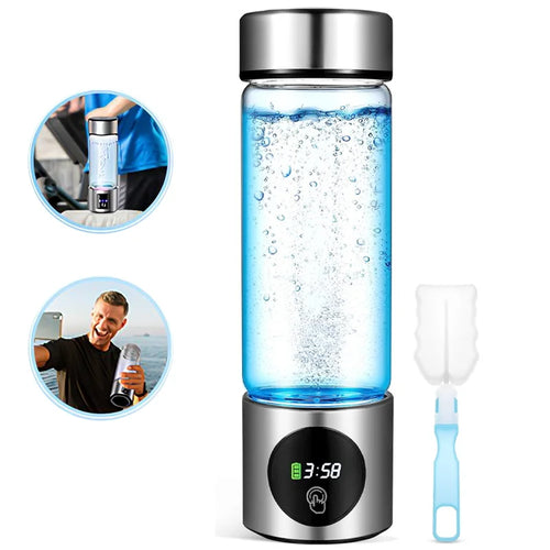 Portable hydrogen water bottle generating hydrogen-rich water, shown with its cleaning brush
