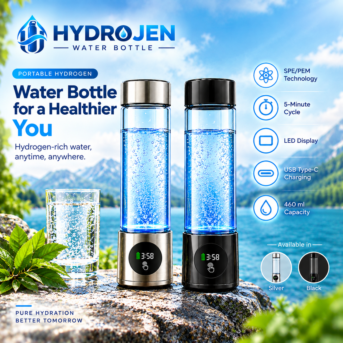 Two Hydrogen portable water bottles with LED digital timers, one silver and one black, shown on a rock with a glass of bubbly water in front of a scenic lake background. The image features promotional text and feature icons on the right.