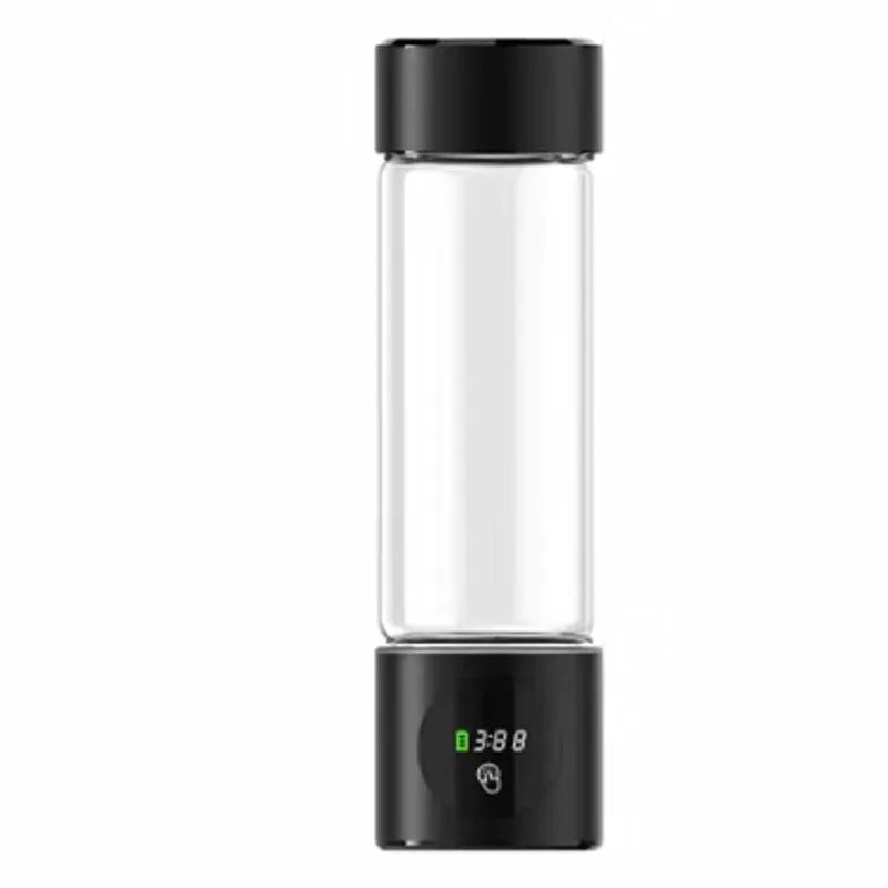 Black hydrogen water bottle with borosilicate glass body and LED display base