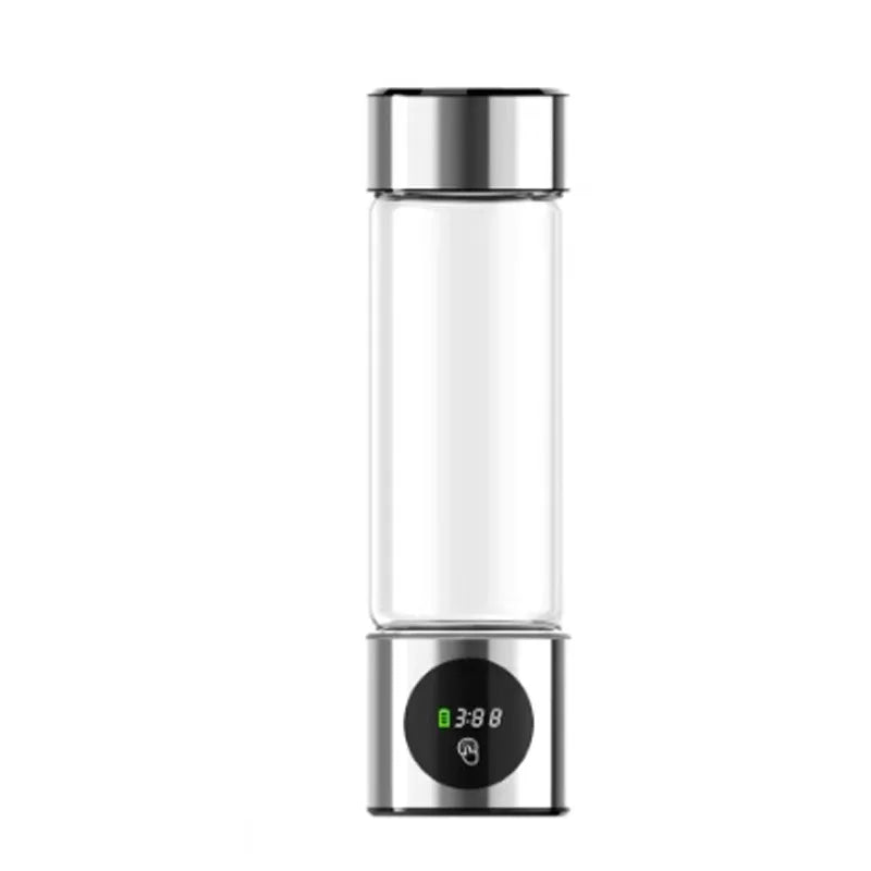 Silver hydrogen water bottle with borosilicate glass body and LED display base